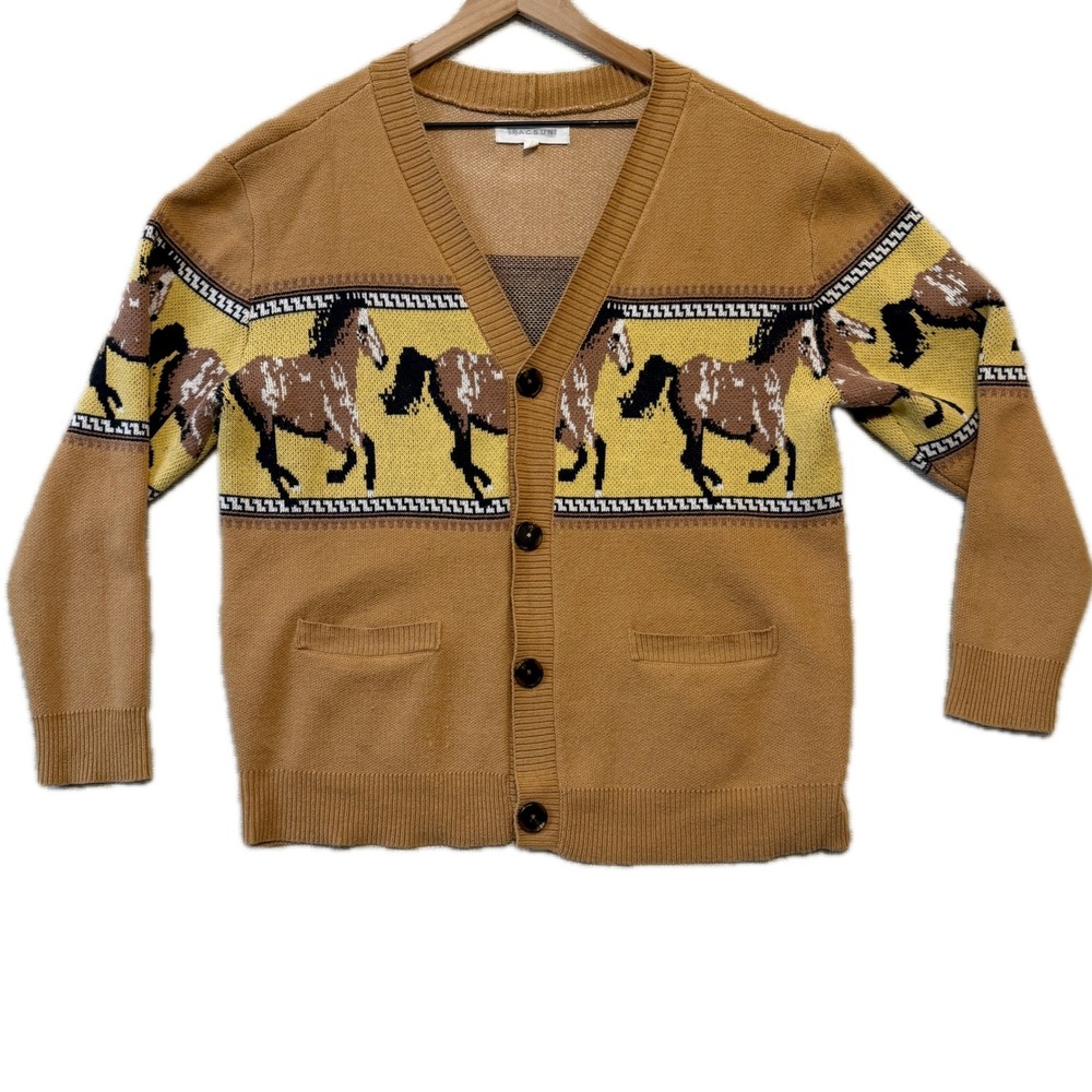 PACSUN Cardigan Sweater Men's Medium Horse Knit Tan Cotton Blend Western V-Neck
